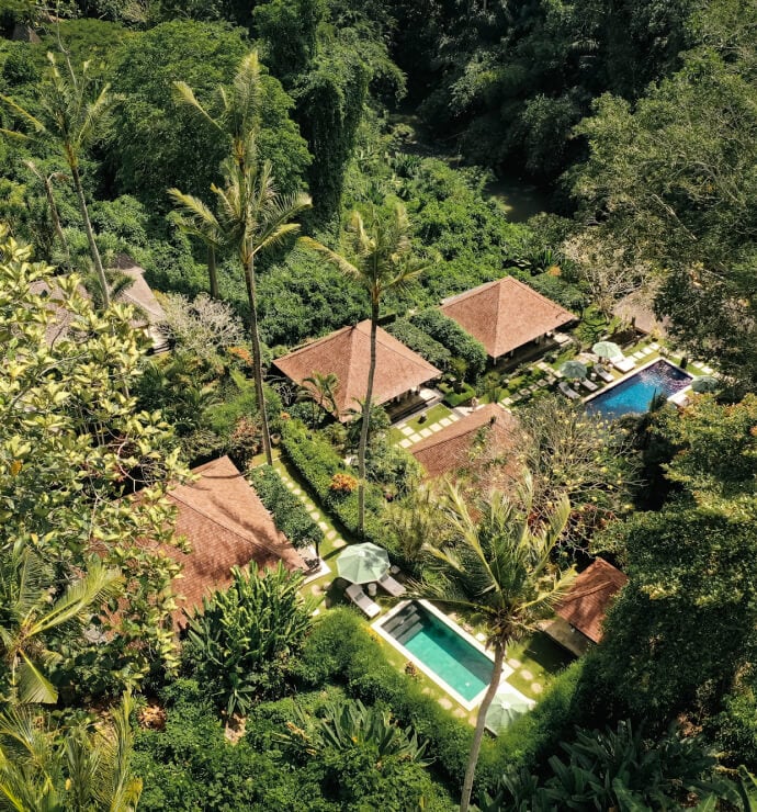 Sukhavati Ayurvedic Retreat aerial view — tropical jungle and rice paddy setting, Mengwi Bali