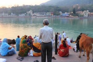 People participating in Rishikesh located in the foothills of the Himalays in northern India.